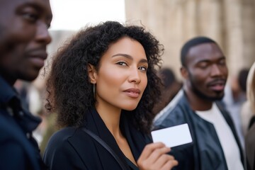 A woman with curly hair is holding a white business card. She is standing in front of a group of people, including a man in a leather jacket. Concept of professionalism and networking