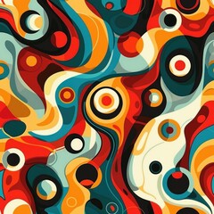 Fototapeta premium abstract colorful composition of swirling shapes and concentric circles in vibrant orange, red, teal, black, and cream tones creating a dynamic and energetic visual movement