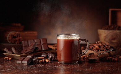 Glass mug of hot chocolate with ingredients on a brown background.