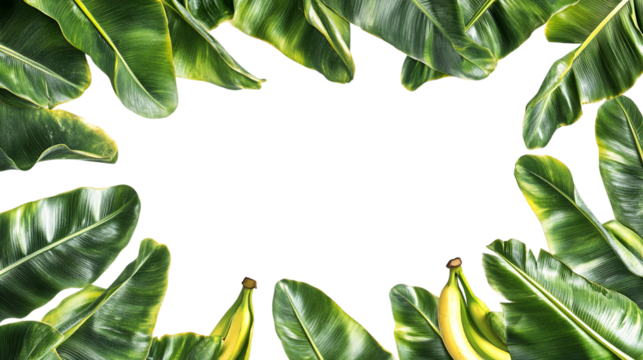 Lush Green Banana Leaves Frame with Ripe Bananas on Transparent Background, PNG - Powered by Adobe