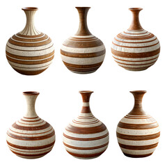 Set of six beautiful clay vase or pot isolated on a transparent PNG background. 