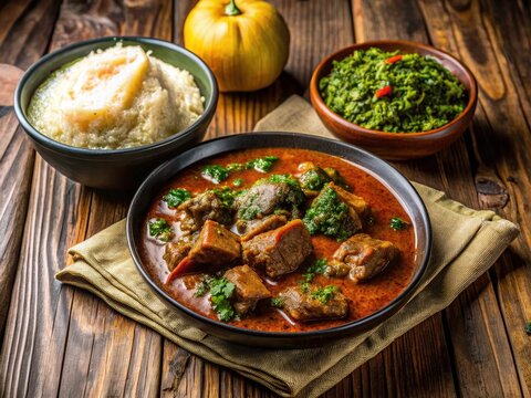Afang Soup Beef Eba Semo Ponded Yam Nigerian Food Recipe Delicious Cuisine Wooden Background