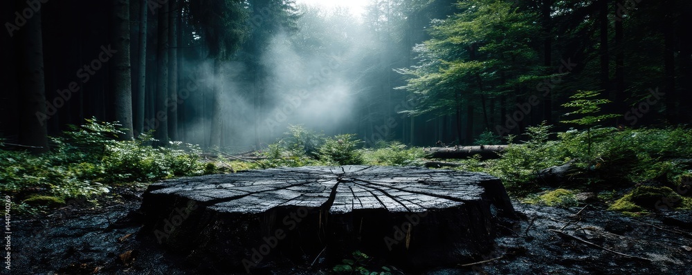 Poster tree stump showing impact of climate change and deforestation concept. a tranquil forest scene with 