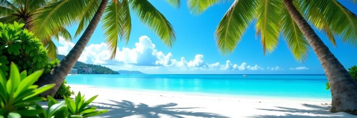 Fototapeta premium Idyllic beachfront view of crystal clear ocean and palm trees, white sand, ocean view, landscape