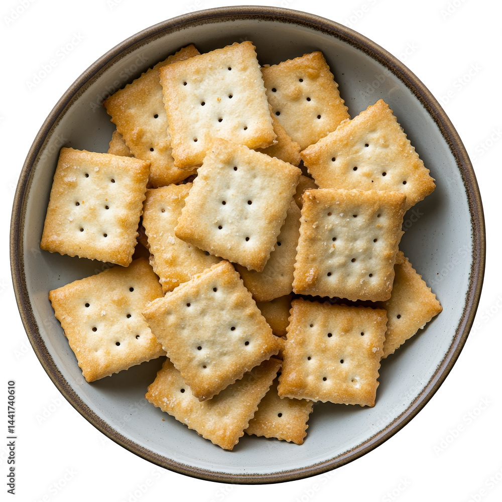 Poster a closeup of crispy crackers arranged neatly in a round plate against a transparent background, show
