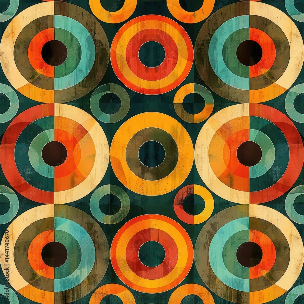 Poster colorful retro geometric pattern of concentric circles and semi-circles with a textured, vintage loo