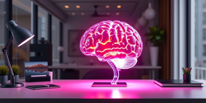 Illuminated brain model on modern desk, empty space for copy, space, background