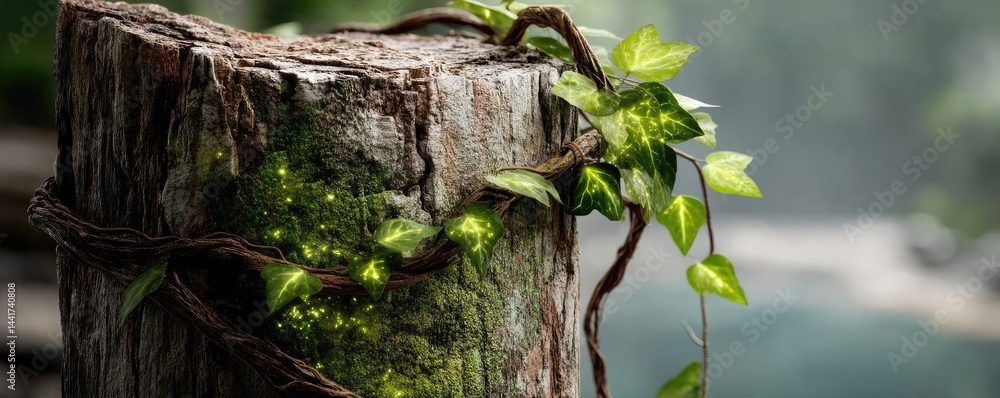 Poster tree stump symbolizing habitat loss due to illegal logging concept. green ivy vines growing on a rus