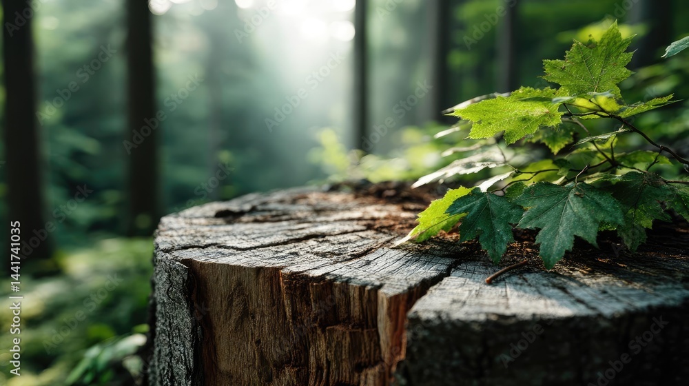 Poster tree stump showing impact of climate change and deforestation concept. close-up of a stump with fres