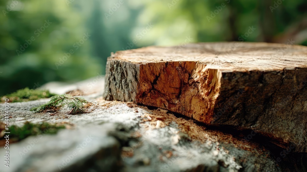 Poster tree stump showing impact of climate change and deforestation concept. close-up view of a tree stump