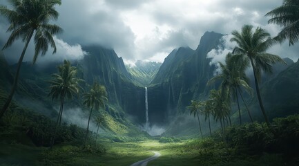 Lush valley waterfall, misty mountains
