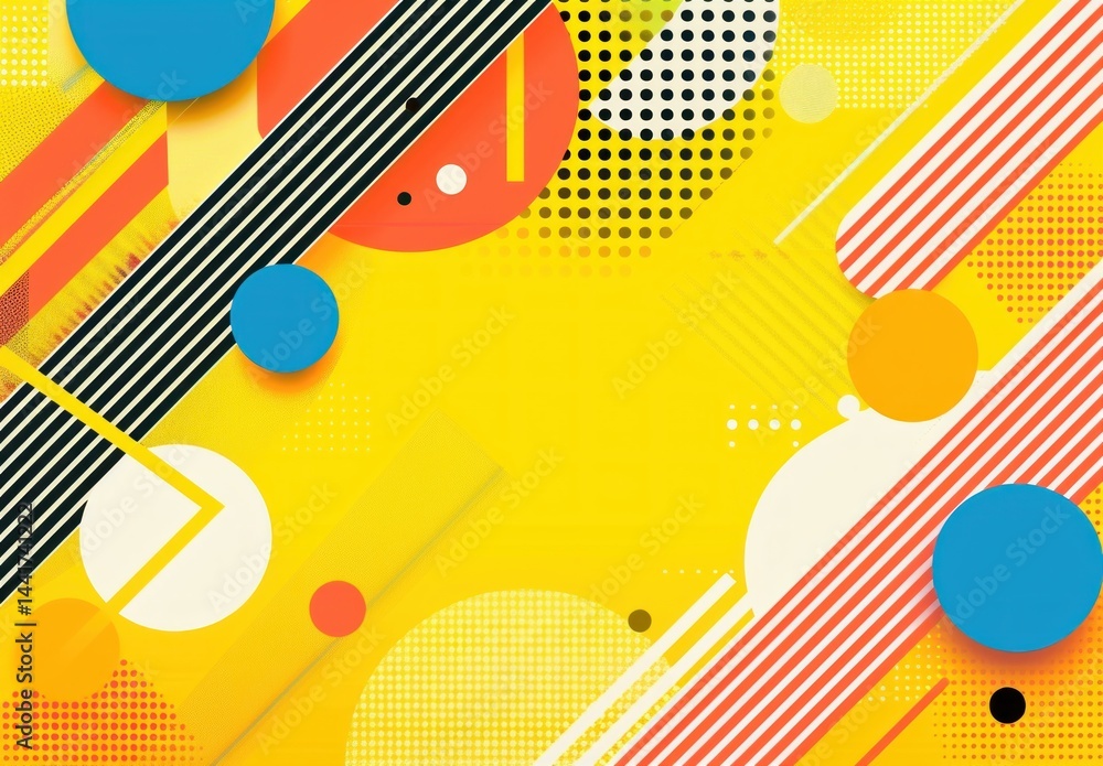 Aufkleber bright yellow background with overlapping geometric shapes including circles, diagonal stripes, dott