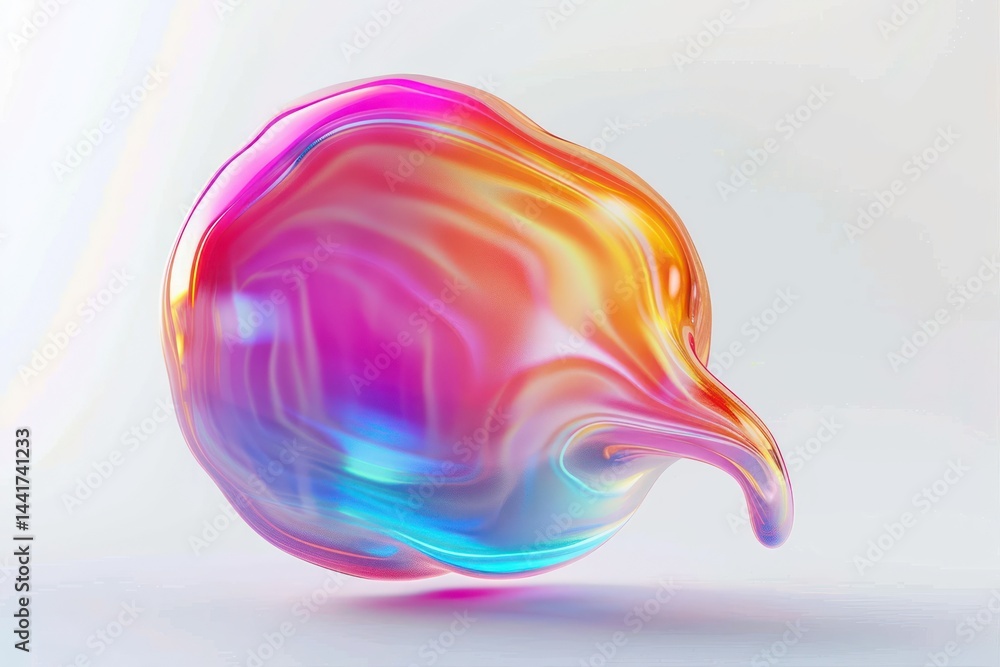 Poster iridescent liquid droplet with smooth flowing shape reflecting vibrant colors on light background ex