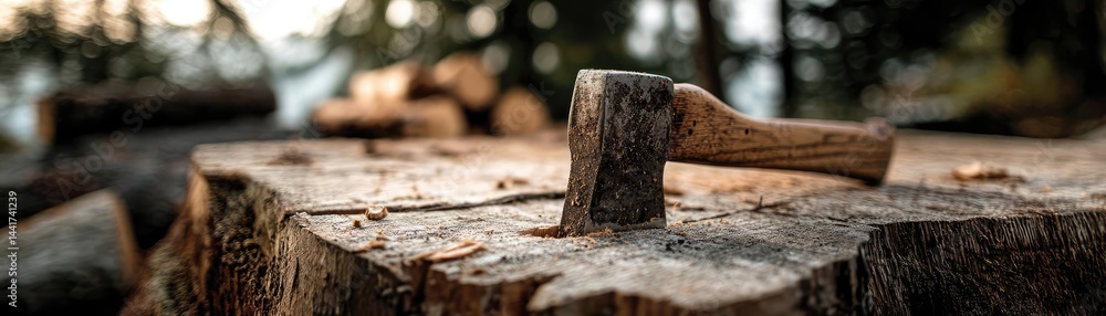 Poster tree stump showing impact of climate change and deforestation concept. a close-up of an axe resting 