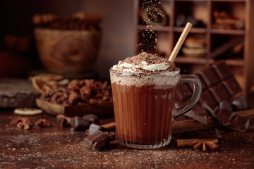 Hot chocolate topped with whipped cream and sprinkled with chocolate chips.