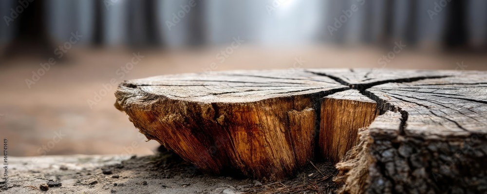 Poster tree stump showing impact of climate change and deforestation concept. close-up of a tree stump in a