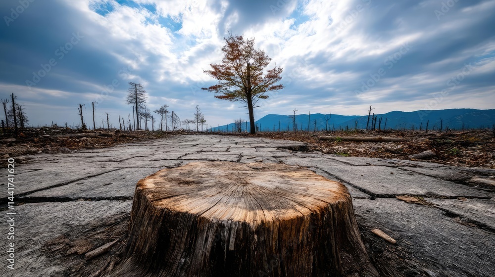 Poster tree stump symbolizing habitat loss due to illegal logging concept. a tree stump stands alone in a d
