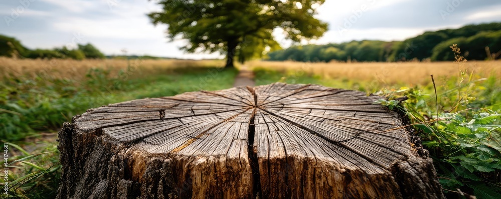 Poster tree stump symbolizing habitat loss due to illegal logging concept. a serene view of a tree stump wi