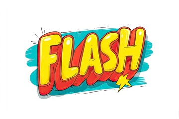 Bold comic book style word 'Flash' rendered in yellow and red, evoking energy, speed, and dynamic