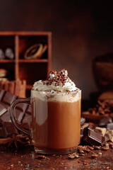 Chocolate drink topped with whipped cream and sprinkled with chocolate chips.