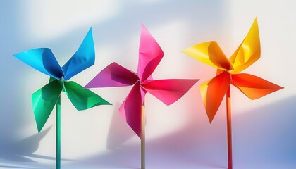 Three colorful paper pinwheels with blue-green, pink-purple, and yellow-orange blades standing upright casting soft shadows on a light background, evoking playful and cheerful mood