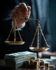 The Problem of Seeing Wrong as Right. Hand Holding Scales of Justice Over Stack of Money