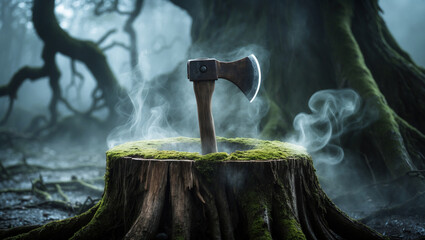 A rusted, worn axe head lodged deep in the center of a moss-covered, ancient tree stump casting an eerie mist that suggests a sense of foreboding, fear or an overwhelming sense of danger or threat