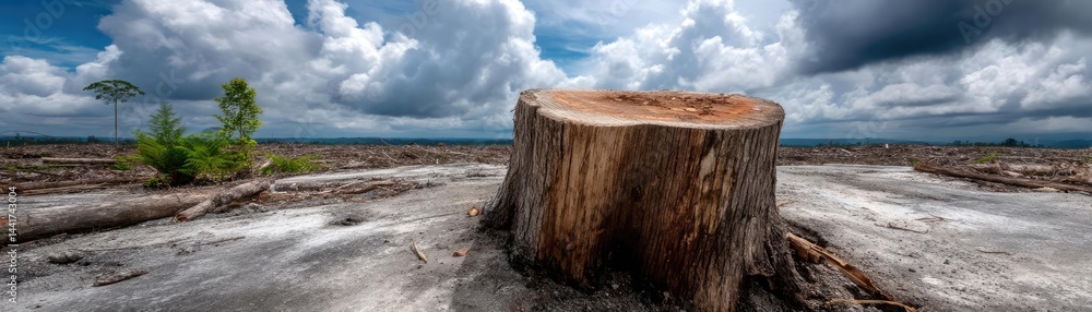Poster tree stump symbolizing habitat loss due to illegal logging concept. a lone tree stump in a deforeste
