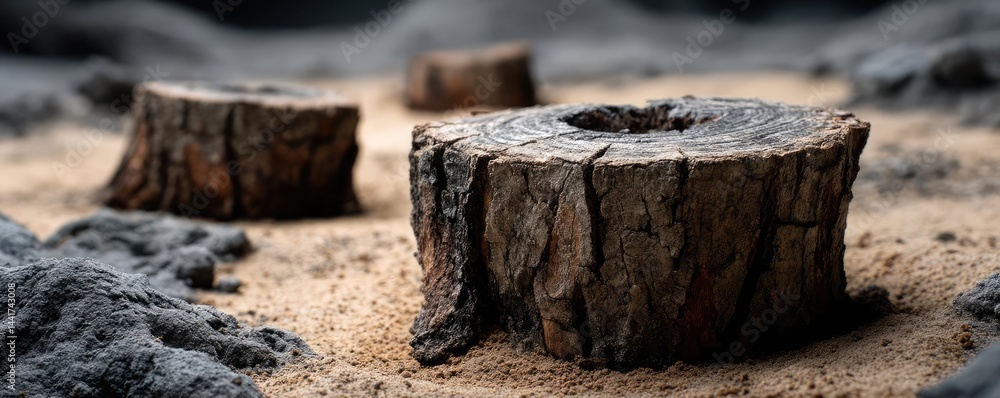 Poster tree stump showing impact of climate change and deforestation concept. close-up view of tree stumps 