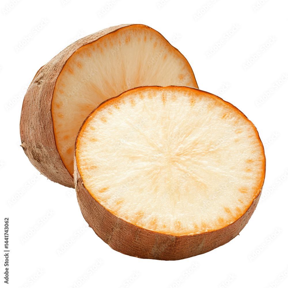 Poster fresh yam slice isolated on a transparent background showcasing its texture and natural color, yam s