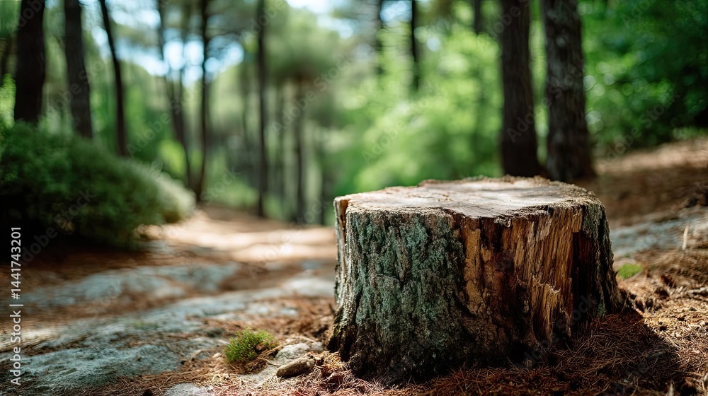 Poster tree stump symbolizing habitat loss due to illegal logging concept. close-up of a tree stump in a lu