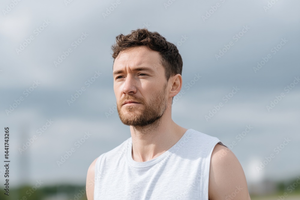 Poster portrait of individual active in exercise displaying physical exertion and determination against blu