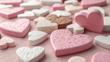 Elegant Wooden Heart Collection in Soft Pastel Hues, Aesthetic Arrangement of Textured Pink, White, and Natural Wood Elements, Symbolizing Love, Warmth, and Timeless Sentiment in Artistic Design