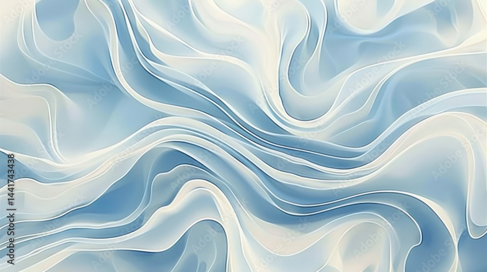 Poster smooth flowing abstract waves in soft blue and white tones creating a calming and serene visual text