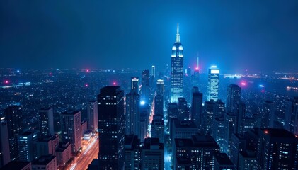 Fototapeta premium Impressive city skyline featuring tall skyscrapers illuminated in neon blue lights, modern, lights, skyscrapers