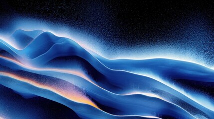 Abstract flowing blue waves with glowing edges and hints of orange light creating a serene and dynamic underwater or cosmic landscape feeling