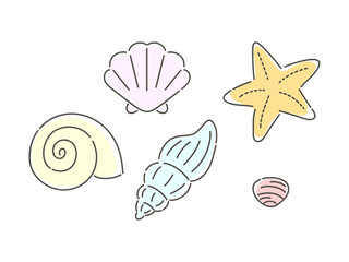 色々な貝とヒトデのシンプルなイラスト
