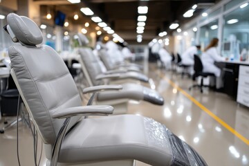 Fototapeta premium This image showcases a modern dental office featuring multiple comfortable treatment chairs, designed to provide a welcoming atmosphere for patients seeking dental care.