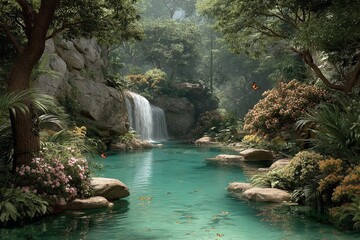 Naklejka premium A tropical setting with a cascading waterfall encircled by lush vegetation, trees, and flowers A sight of exotic nature. Generative Ai
