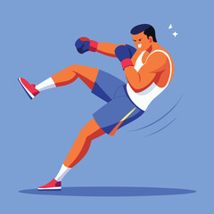 man boxing. male fighter in boxing gloves practices kick, punching and hitting. Strong  athlete at sports training or workout. Flat vector illustration isolated on background