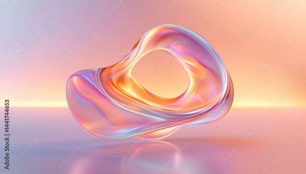 Poster smooth translucent abstract shape with iridescent colors floating above reflective surface in warm g
