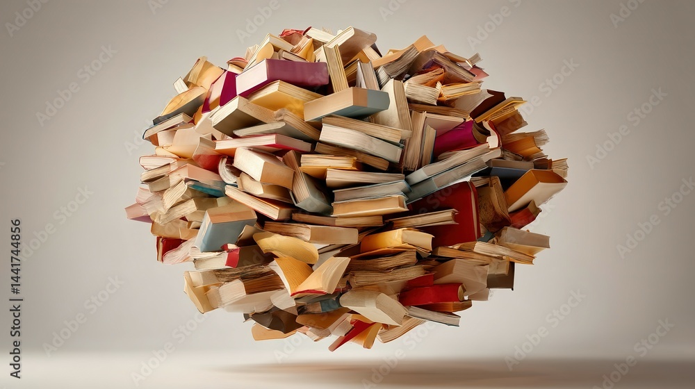 Poster a spherical cluster of numerous books of varied colors and sizes.