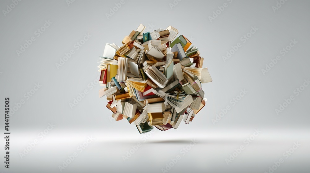 Poster floating sphere of clustered books in various colors.