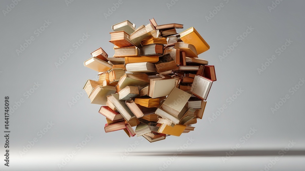 Poster a dynamic sphere composed of numerous books in various colors and sizes.
