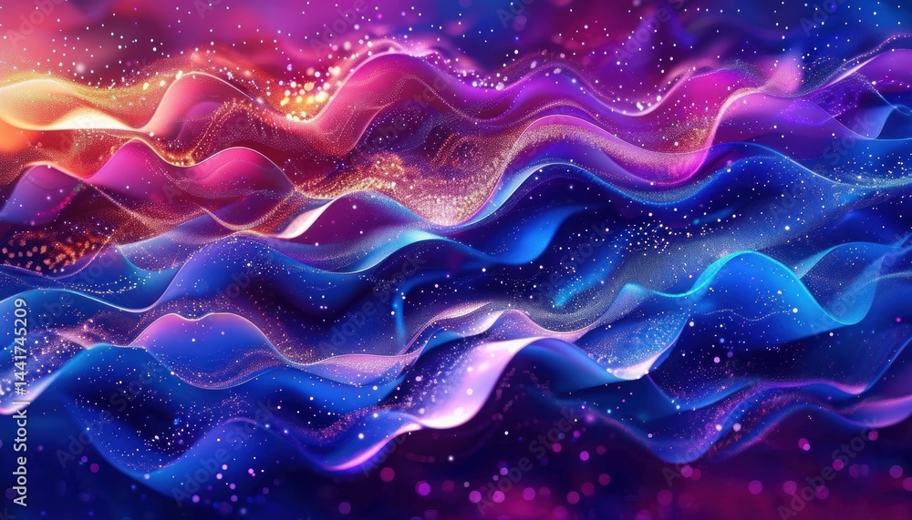 Poster abstract flowing waves and curves in vibrant pink, purple, blue, and gold hues with sparkling partic