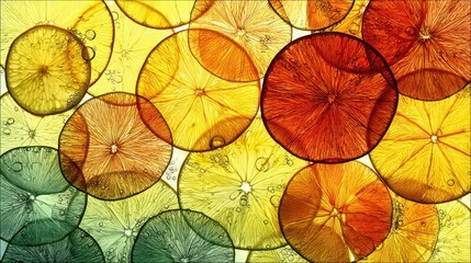 Vibrant citrus cross sections forming a lively pattern, wet textures glowing under bright lighting