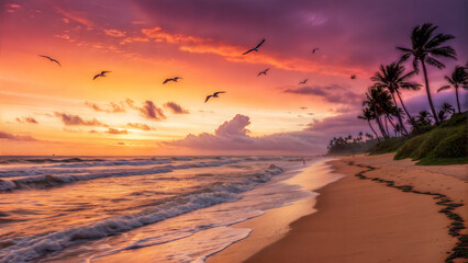 Obraz premium Spectacular Beach Sunset with Palm Trees and Birds in Flight, a Paradise Scene