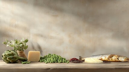 Mediterranean Still Life: Artichoke, Cheese, Peas, Fish and Rice artichoke cheese peas fish rice raw