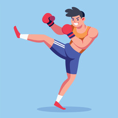 man boxing. male fighter in boxing gloves practices kick, punching and hitting. Strong  athlete at sports training or workout. Flat vector illustration isolated on background