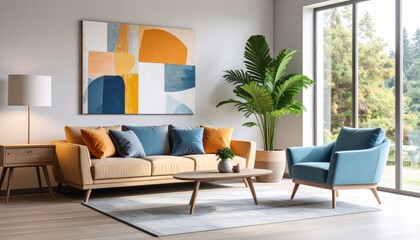 Obraz premium Modern Living Room Interior Design with Beige Sofa Blue Armchair and Abstract Art